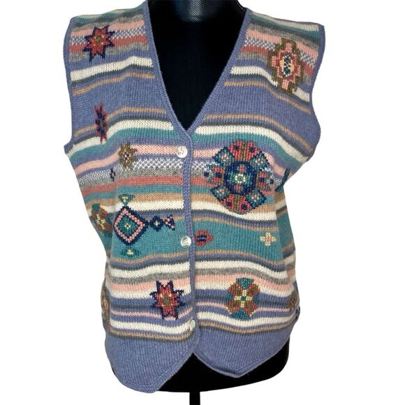 Vintage Woolrich Sweater Vest Stripe Western Aztec Granny Wool Green Size Medium - Picture 1 of 8